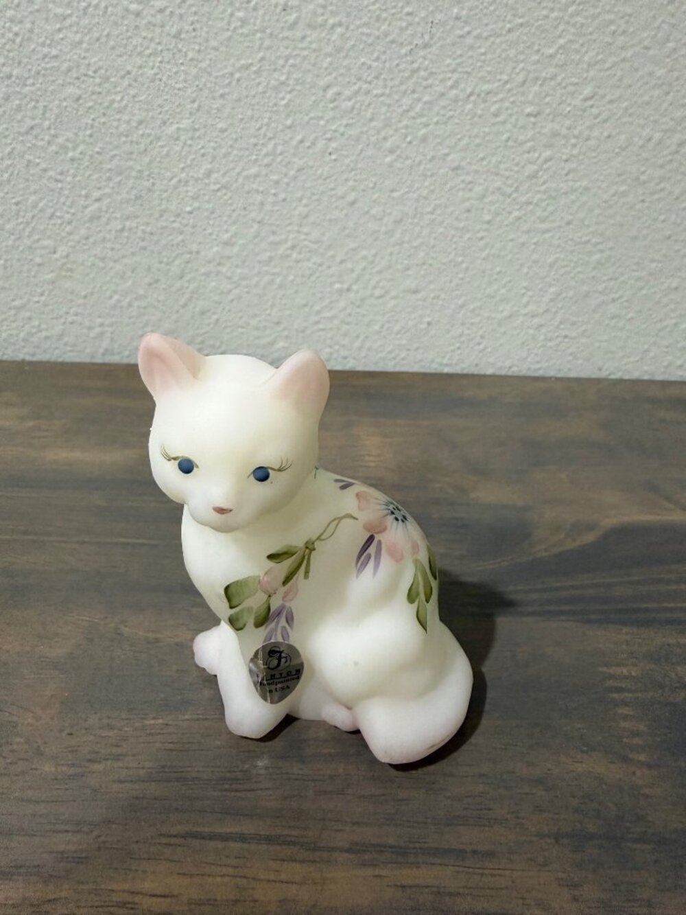 Vintage Fenton White Satin Glass Cat Kitten Painted Flowers Signed Don Fenton